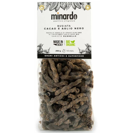 MAKARON BUSIATA CACAO E AGLIO NERO kakao i czarny czosnek BIO 250G SUPER FOOD Minardo