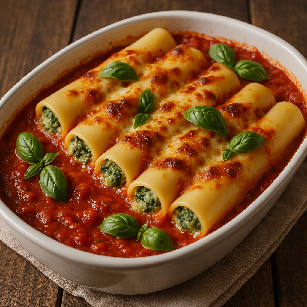 Rurki cannelloni z ricottą i szpinakiem – zapiekane w sosie pomidorowym