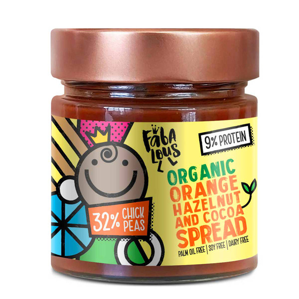 FABALOUS ORANGE HAZELNUT bezglutenowy wegański KREM CZEKOLADOWY Z ORZECHÓW LASKOWYCH I KAKAO na bazie ciecierzycy POMARAŃCZOWY BIO 200g Coppola Foods | ekologiczny włoski